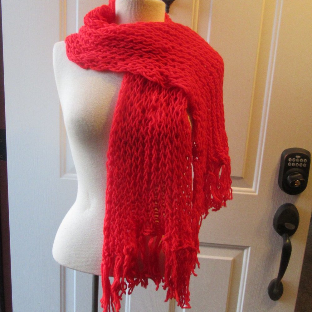 Vintage Orange Red Handmade Crocheted Fringed Scarf